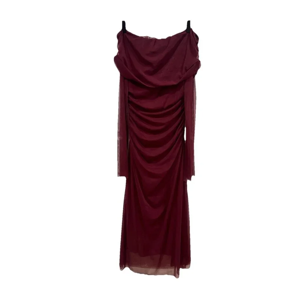 Women’s Wedding Formal Brunch Burgundy Long Dress Size Medium M Ruched Unbranded